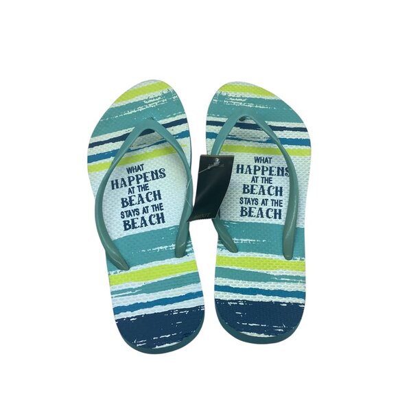 Flip Flops What Happens At The Beach Stays at the Beach Size 10 Striped NWT NEW - Picture 1 of 3